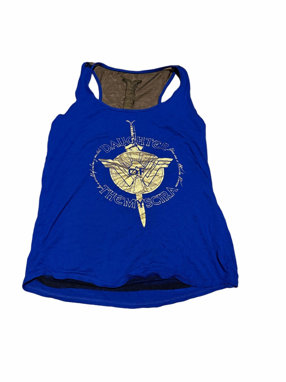 Wonder Woman Blue Racerback Tank Top with Gold Emblem and Sword